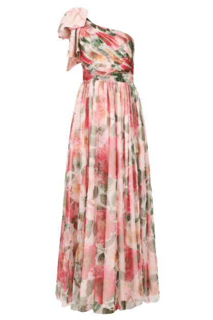 Bow One Shoulder Floral Print Slit A-Line Maxi Dresses-Red [Pre Order]