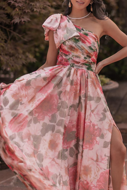 Bow One Shoulder Floral Print Slit A-Line Maxi Dresses-Red [Pre Order]