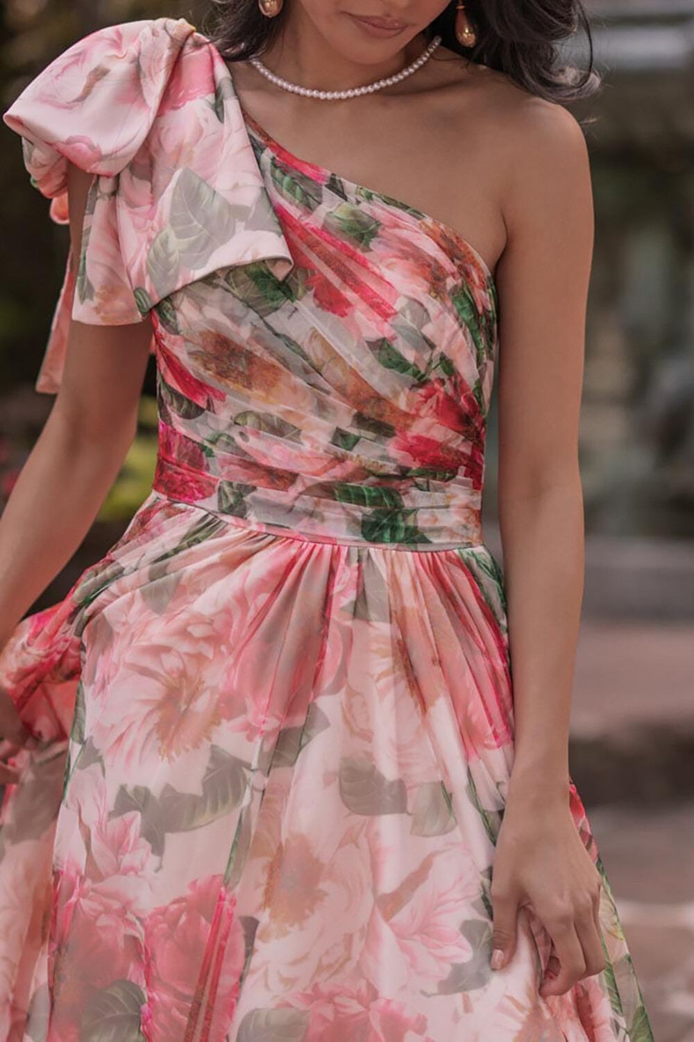 Bow One Shoulder Floral Print Slit A-Line Maxi Dresses-Red [Pre Order]