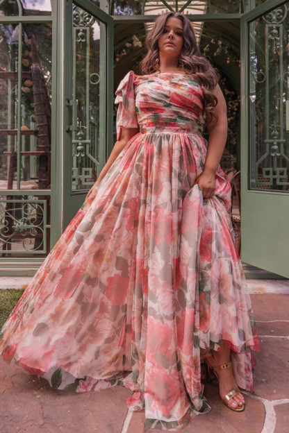 Bow One Shoulder Floral Print Slit A-Line Maxi Dresses-Red [Pre Order]