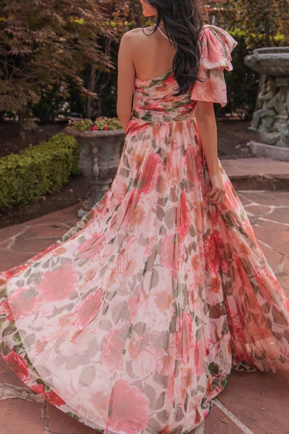 Bow One Shoulder Floral Print Slit A-Line Maxi Dresses-Red [Pre Order]