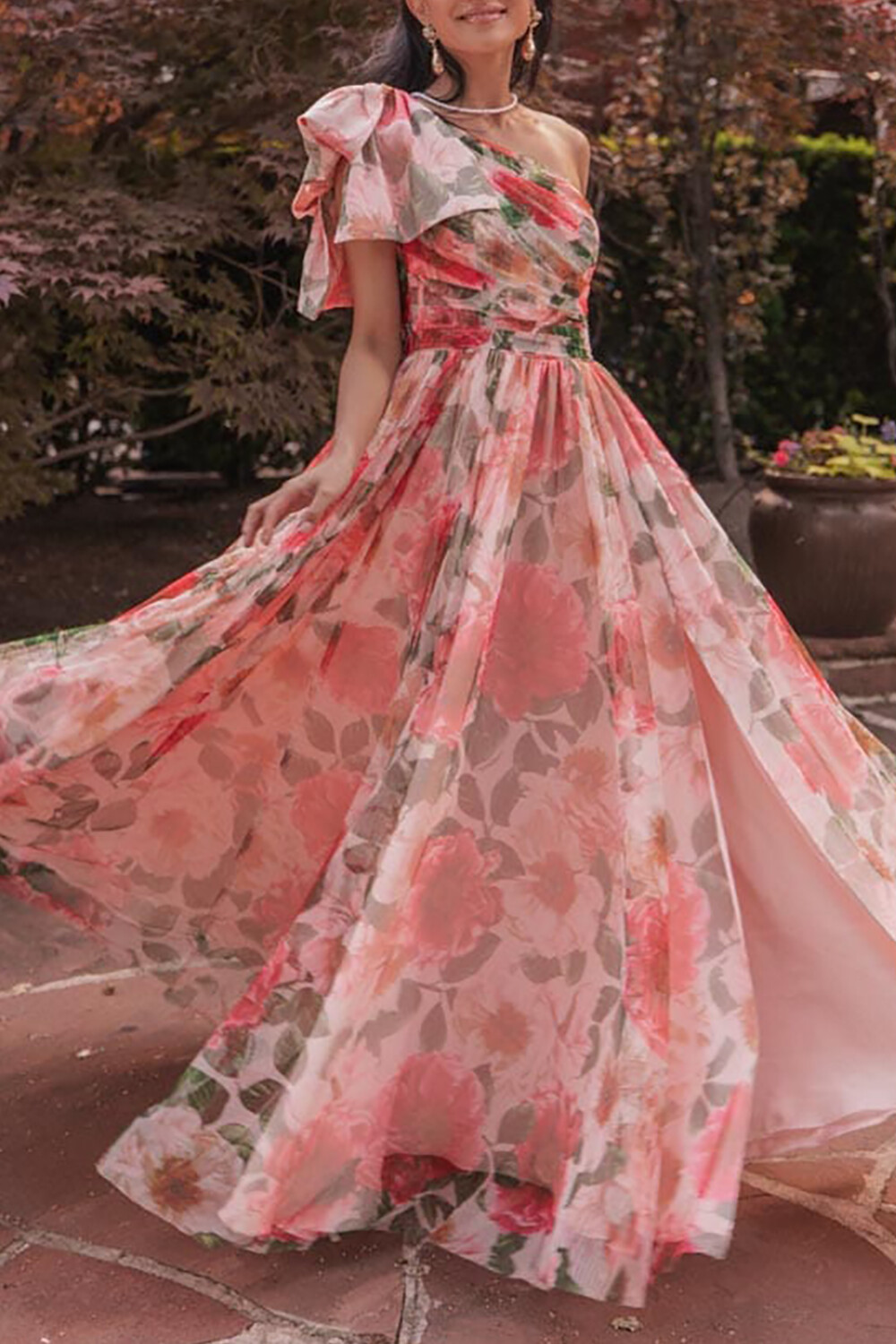 Bow One Shoulder Floral Print Slit A-Line Maxi Dresses-Red [Pre Order]