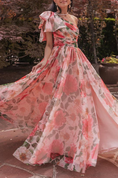 Bow One Shoulder Floral Print Slit A-Line Maxi Dresses-Red [Pre Order]