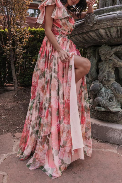 Bow One Shoulder Floral Print Slit A-Line Maxi Dresses-Red [Pre Order]