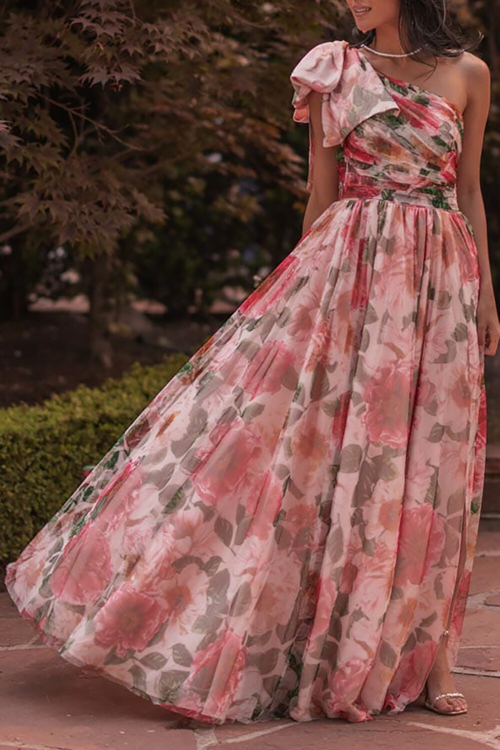 Bow One Shoulder Floral Print Slit A-Line Maxi Dresses-Red [Pre Order]