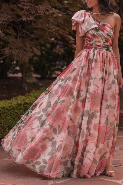 Bow One Shoulder Floral Print Slit A-Line Maxi Dresses-Red [Pre Order]