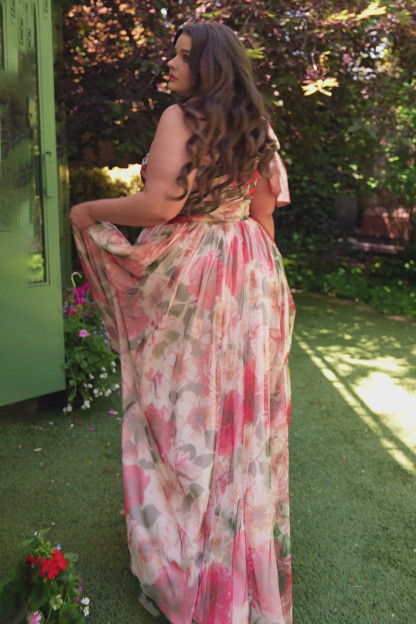 Bow One Shoulder Floral Print Slit A-Line Maxi Dresses-Red [Pre Order]