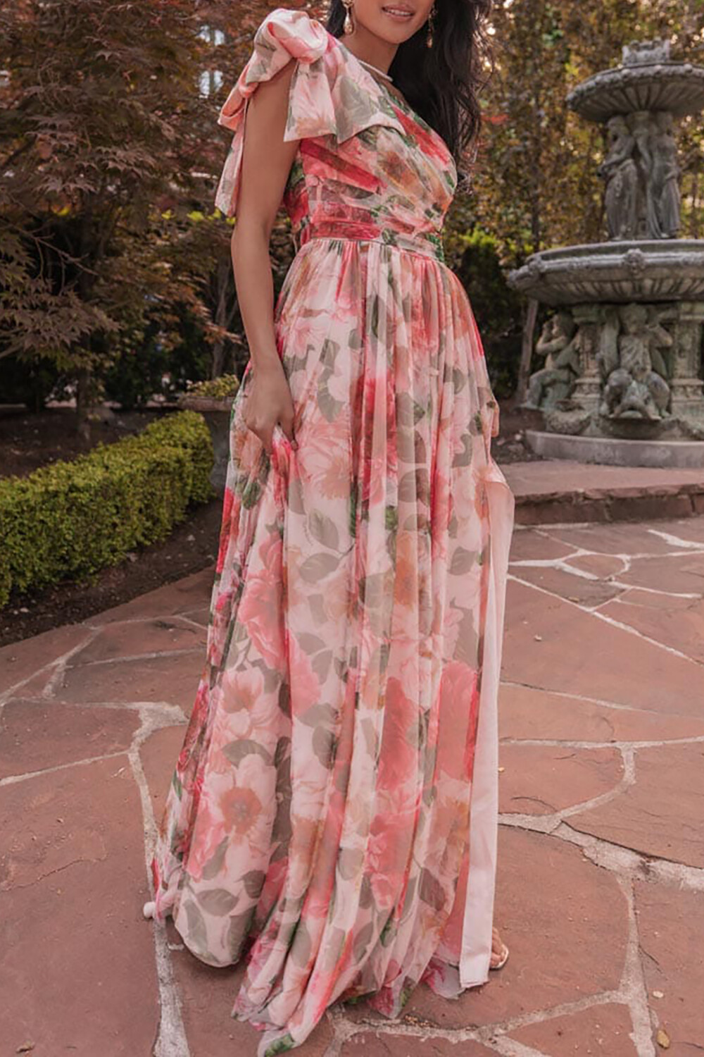 Bow One Shoulder Floral Print Slit A-Line Maxi Dresses-Red [Pre Order]