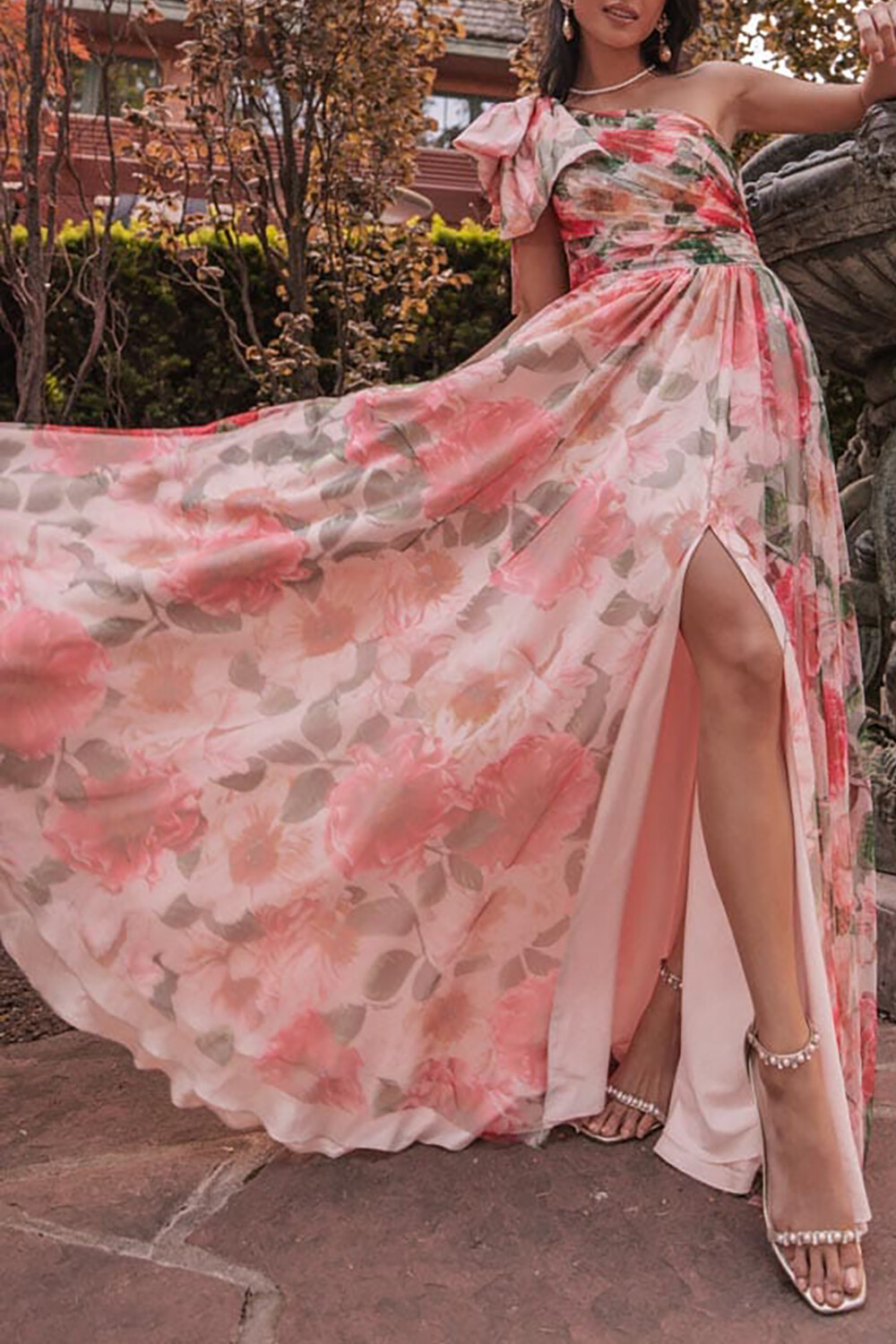 Bow One Shoulder Floral Print Slit A-Line Maxi Dresses-Red [Pre Order]