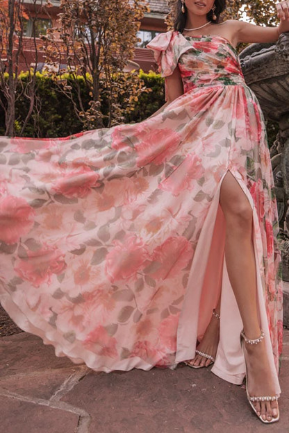 Bow One Shoulder Floral Print Slit A-Line Maxi Dresses-Red [Pre Order]