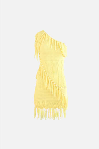Fringed Trim One Shoulder Textured Knit Fitted Mini Dresses-Yellow [Pre Order]
