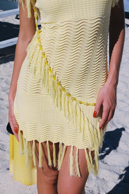Fringed Trim One Shoulder Textured Knit Fitted Mini Dresses-Yellow [Pre Order]
