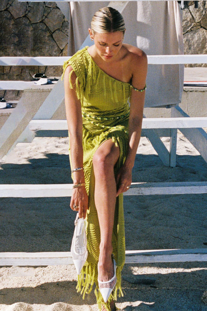Textured Knit Fringed Trim One Shoulder Slit Maxi Dresses-Green [Pre Order]