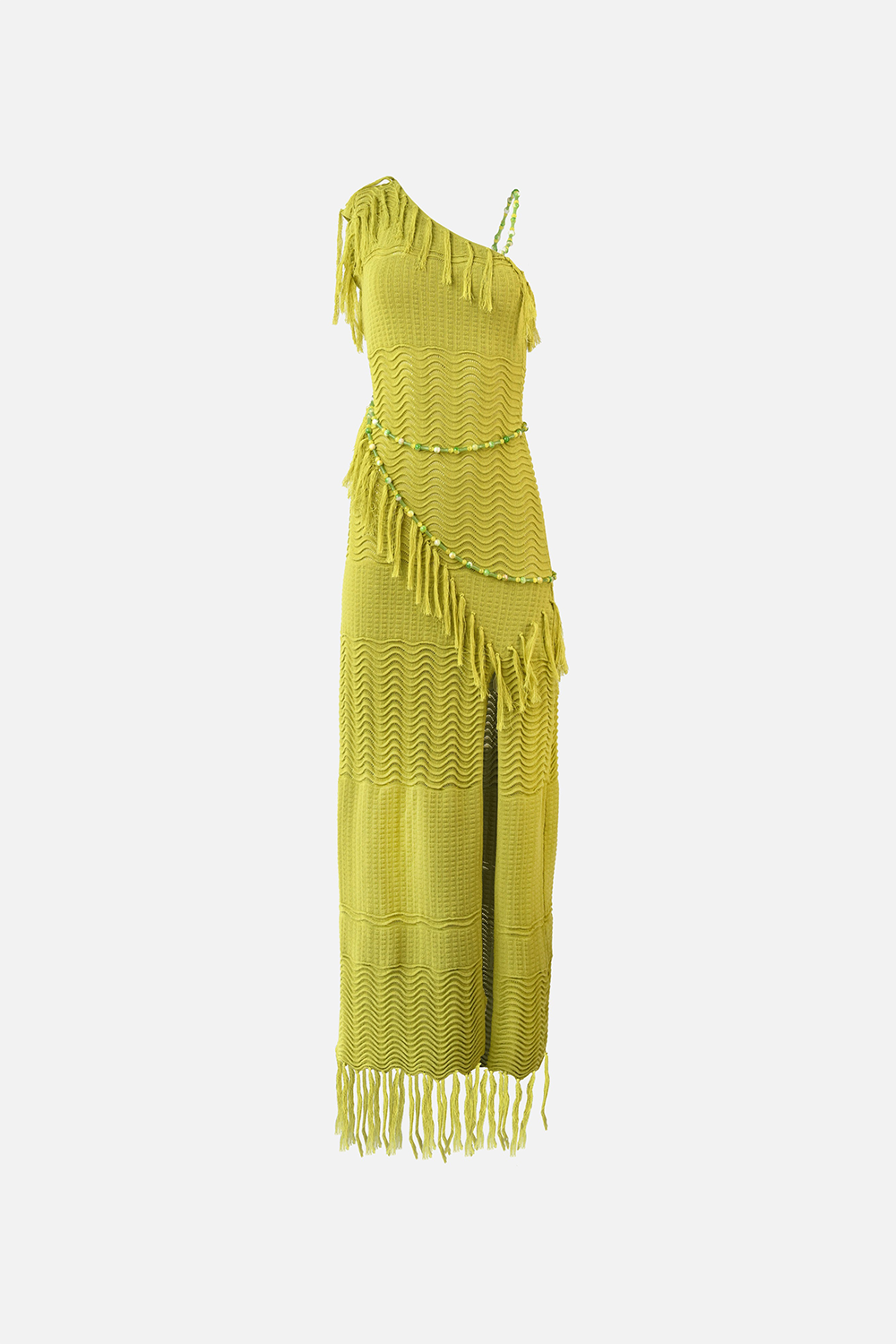 Textured Knit Fringed Trim One Shoulder Slit Maxi Dresses-Green [Pre Order]