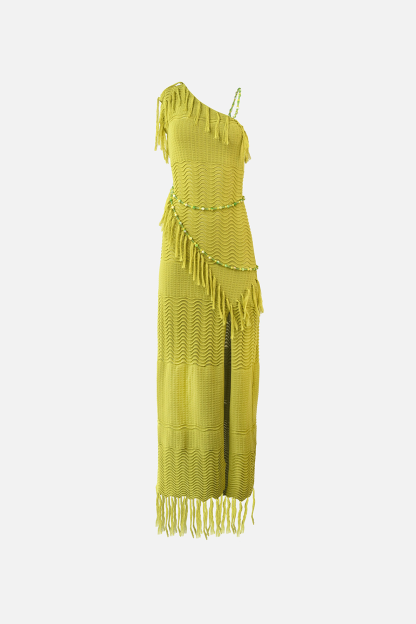 Textured Knit Fringed Trim One Shoulder Slit Maxi Dresses-Green [Pre Order]