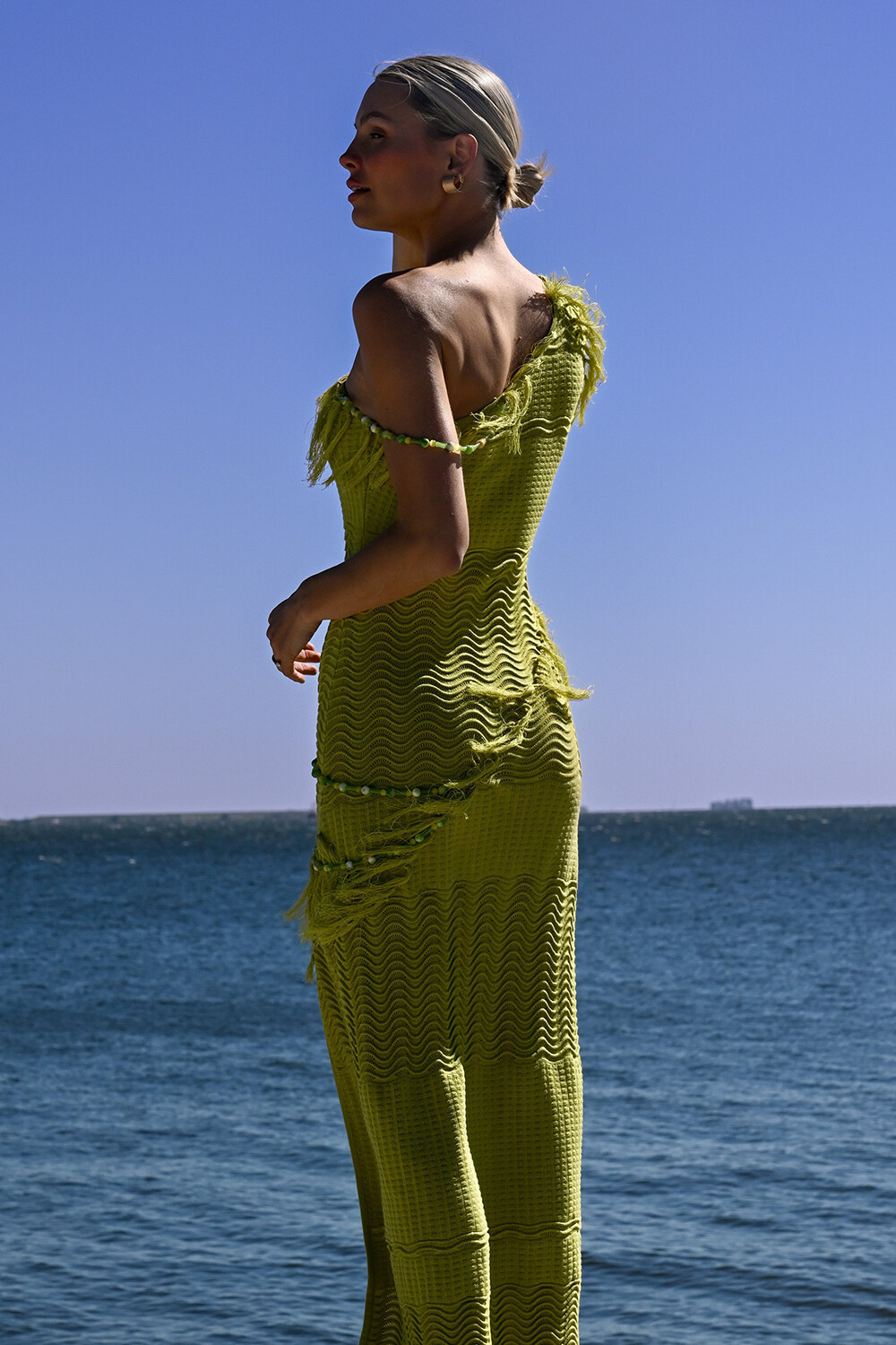 Textured Knit Fringed Trim One Shoulder Slit Maxi Dresses-Green [Pre Order]