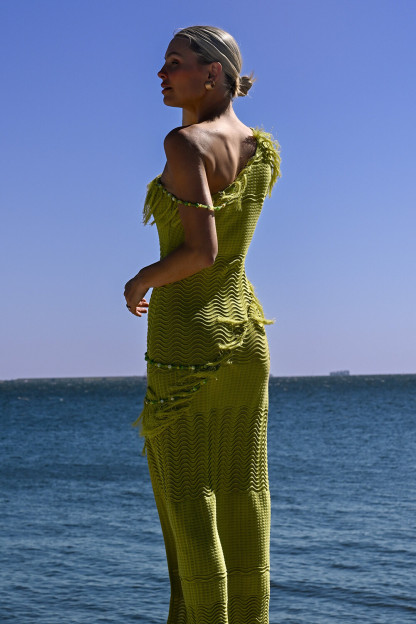 Textured Knit Fringed Trim One Shoulder Slit Maxi Dresses-Green [Pre Order]