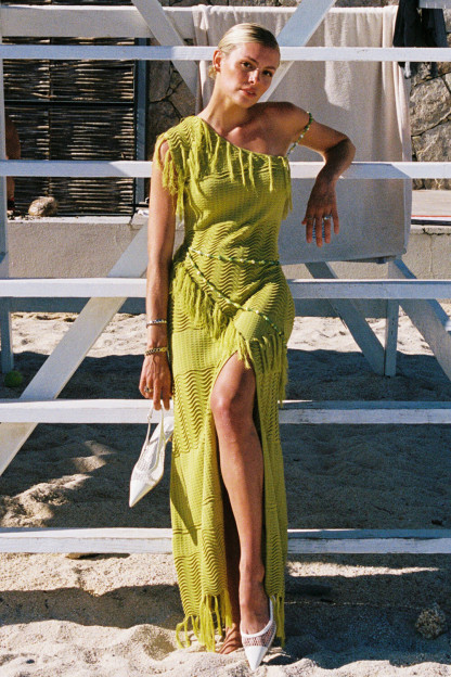 Textured Knit Fringed Trim One Shoulder Slit Maxi Dresses-Green [Pre Order]