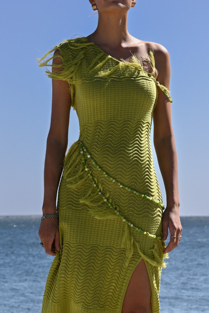 Textured Knit Fringed Trim One Shoulder Slit Maxi Dresses-Green [Pre Order]