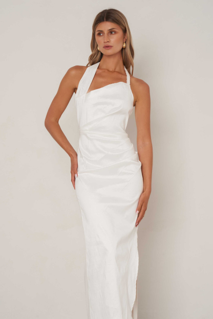 Asymmetrical Halter Neck Ruched Slim Fit Slit Maxi Dresses-White [Pre Order]