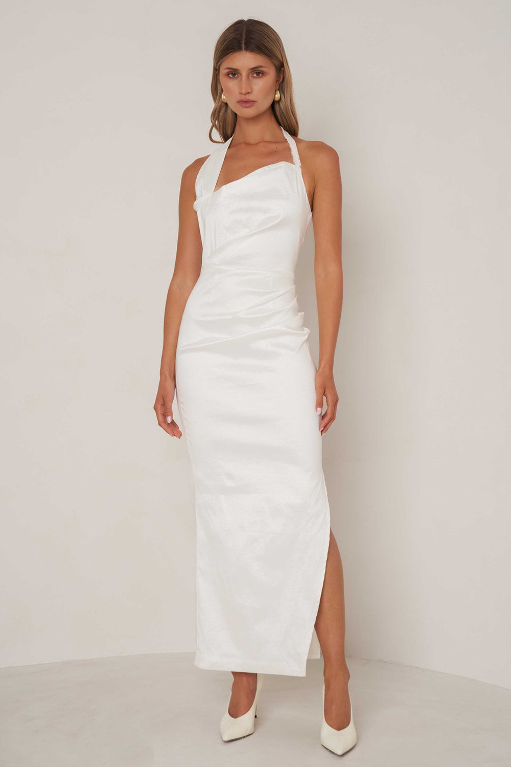 Asymmetrical Halter Neck Ruched Slim Fit Slit Maxi Dresses-White [Pre Order]