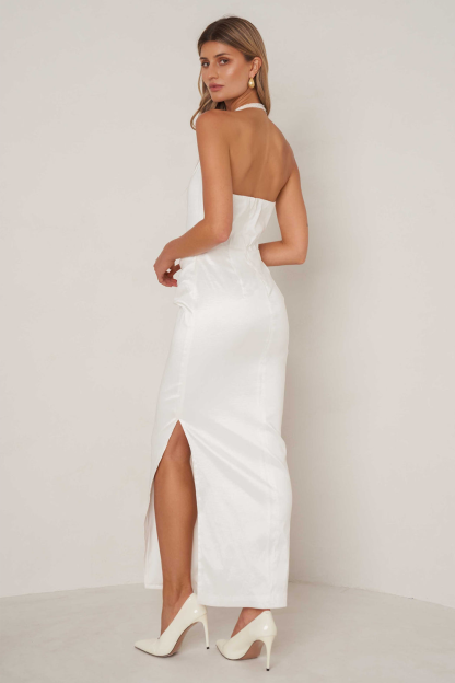 Asymmetrical Halter Neck Ruched Slim Fit Slit Maxi Dresses-White [Pre Order]