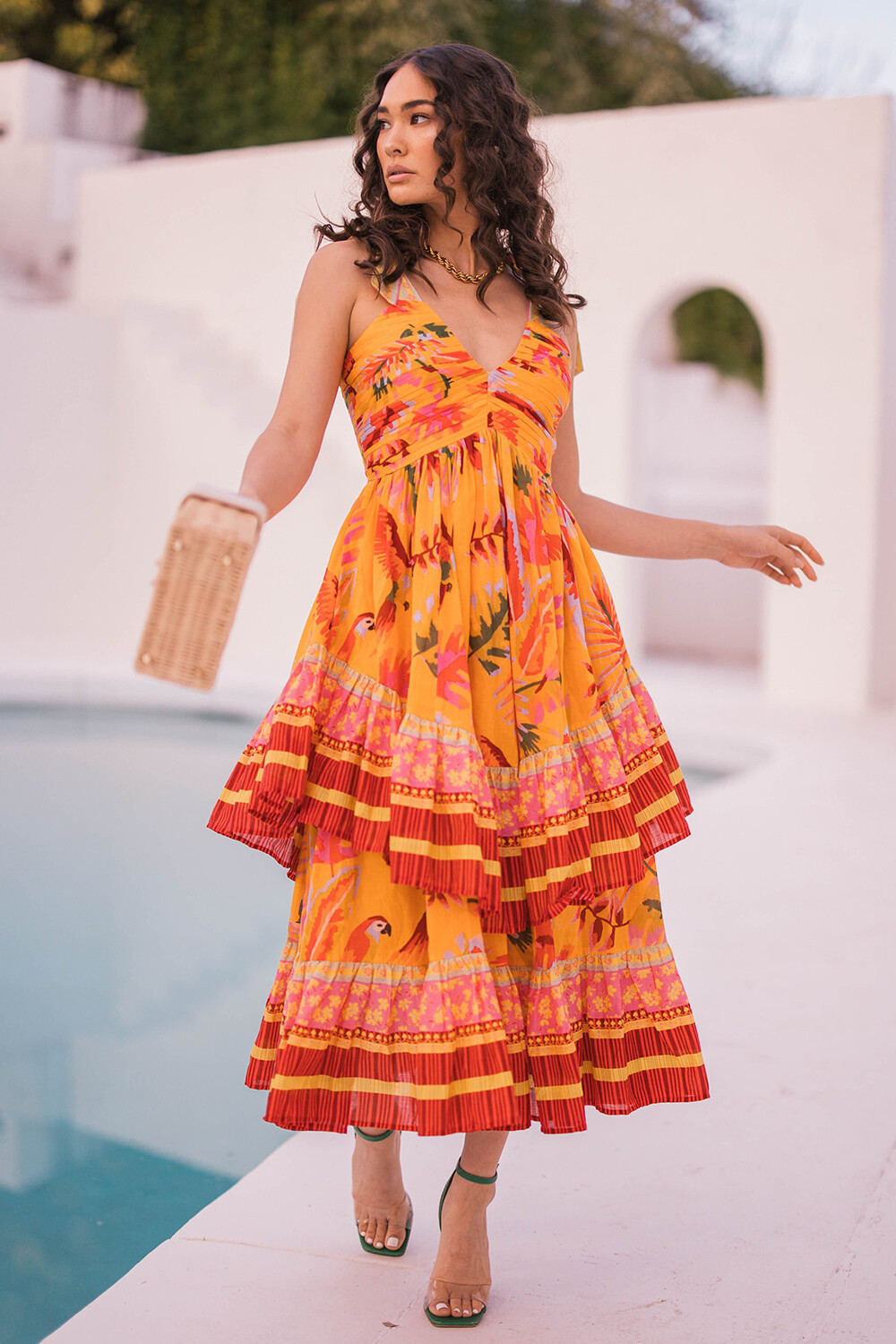 Vacation Mixed Print V Neck Tiered Hem Slip Midi Dresses-Orange [Pre Order]