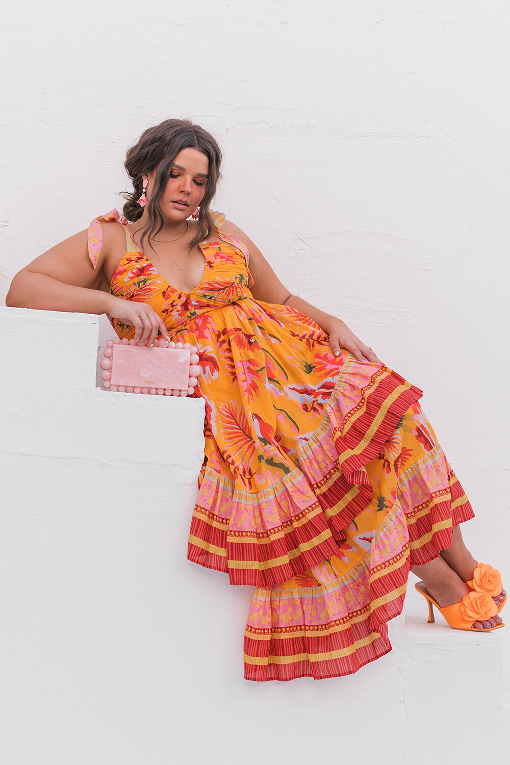 Vacation Mixed Print V Neck Tiered Hem Slip Midi Dresses-Orange [Pre Order]