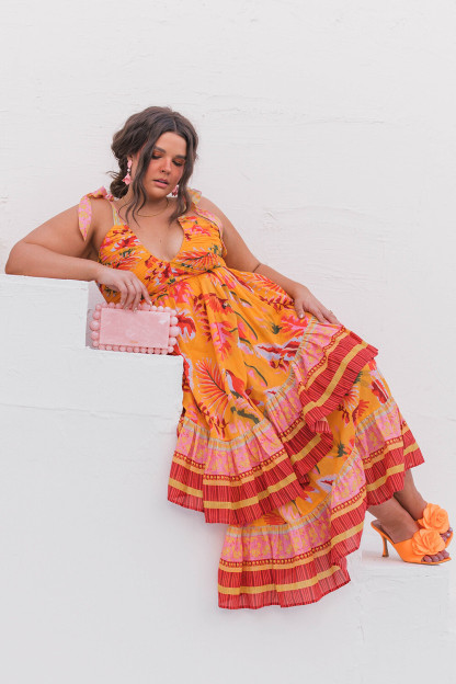 Vacation Mixed Print V Neck Tiered Hem Slip Midi Dresses-Orange [Pre Order]