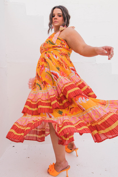 Vacation Mixed Print V Neck Tiered Hem Slip Midi Dresses-Orange [Pre Order]