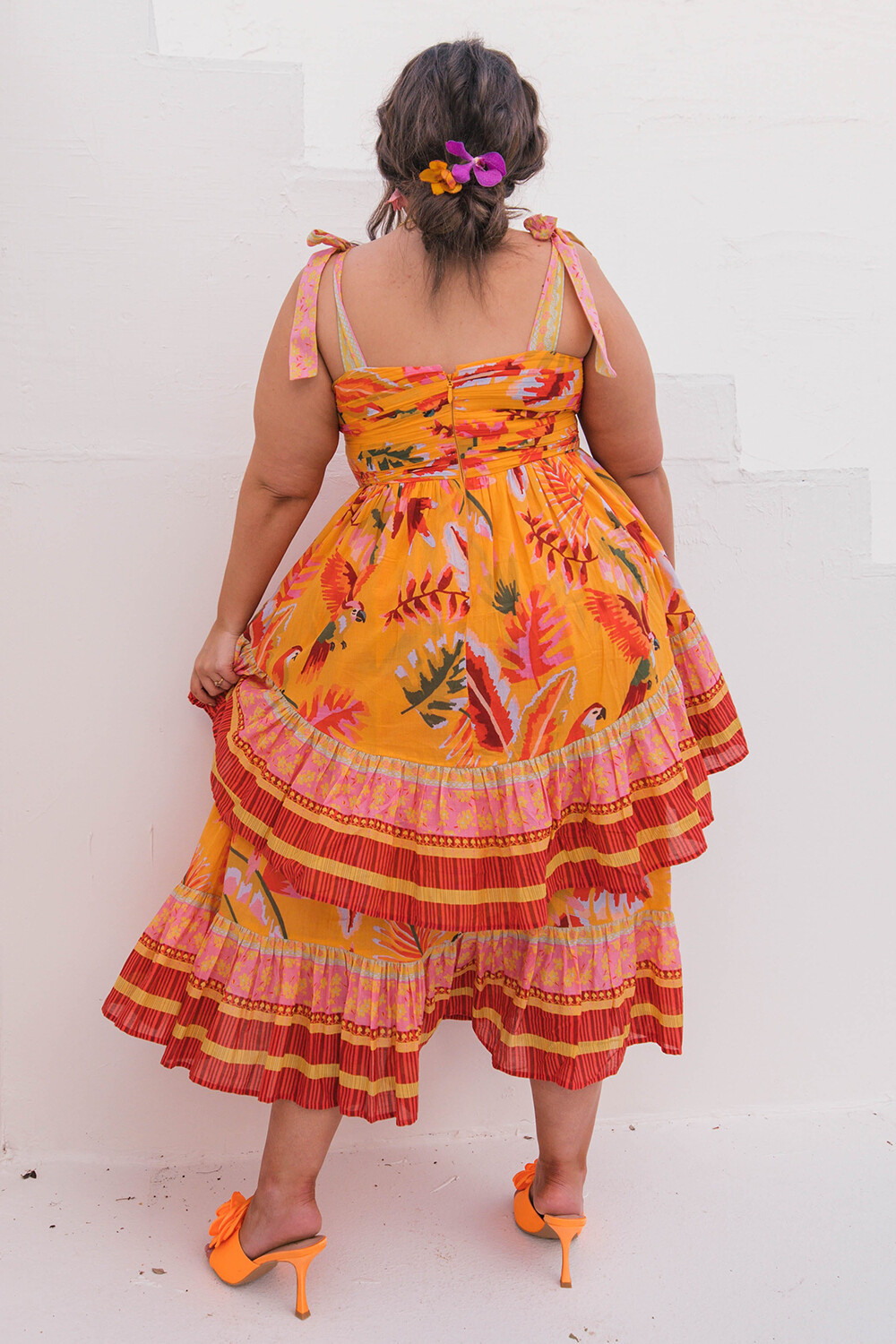 Vacation Mixed Print V Neck Tiered Hem Slip Midi Dresses-Orange [Pre Order]