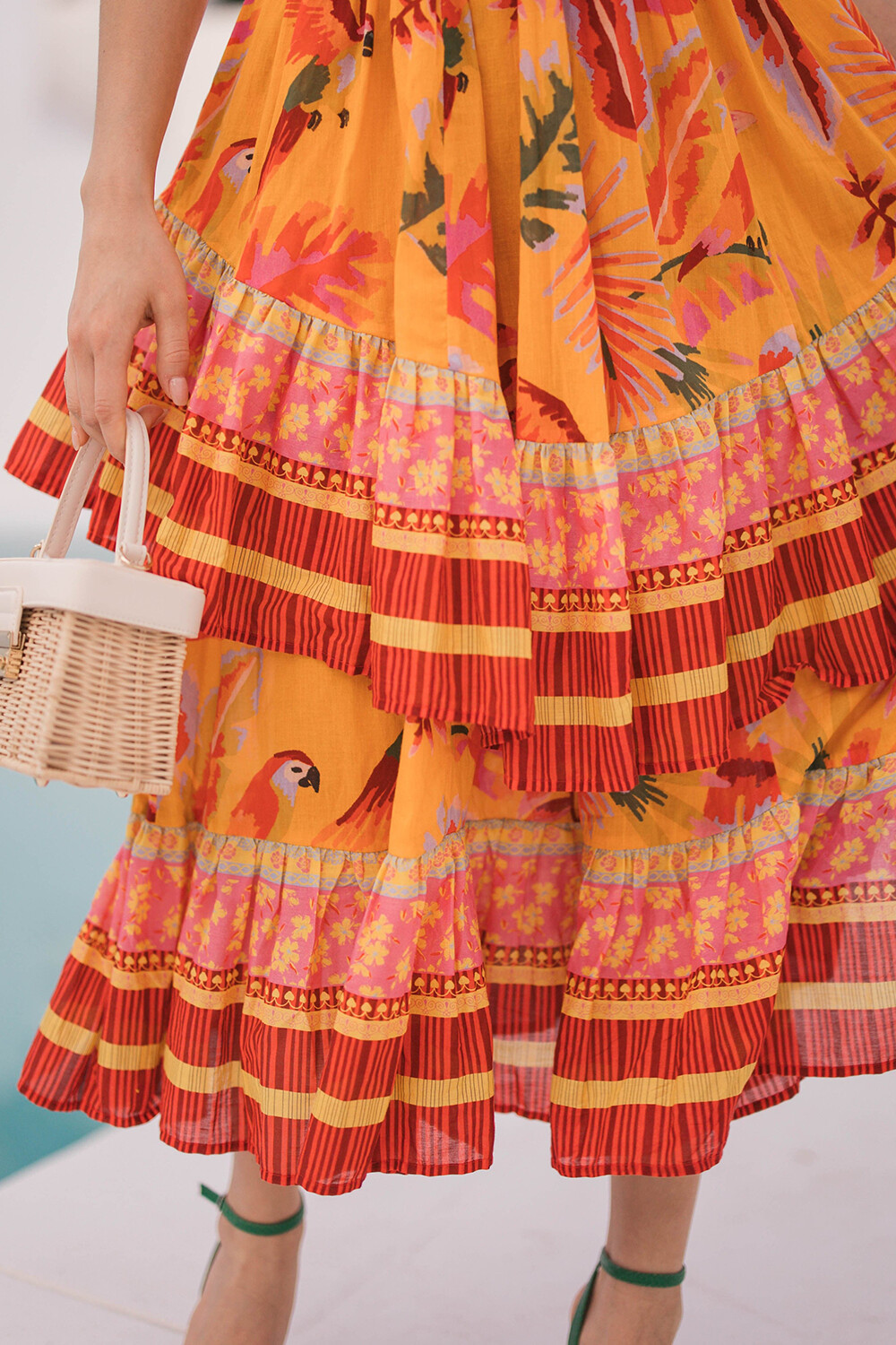 Vacation Mixed Print V Neck Tiered Hem Slip Midi Dresses-Orange [Pre Order]