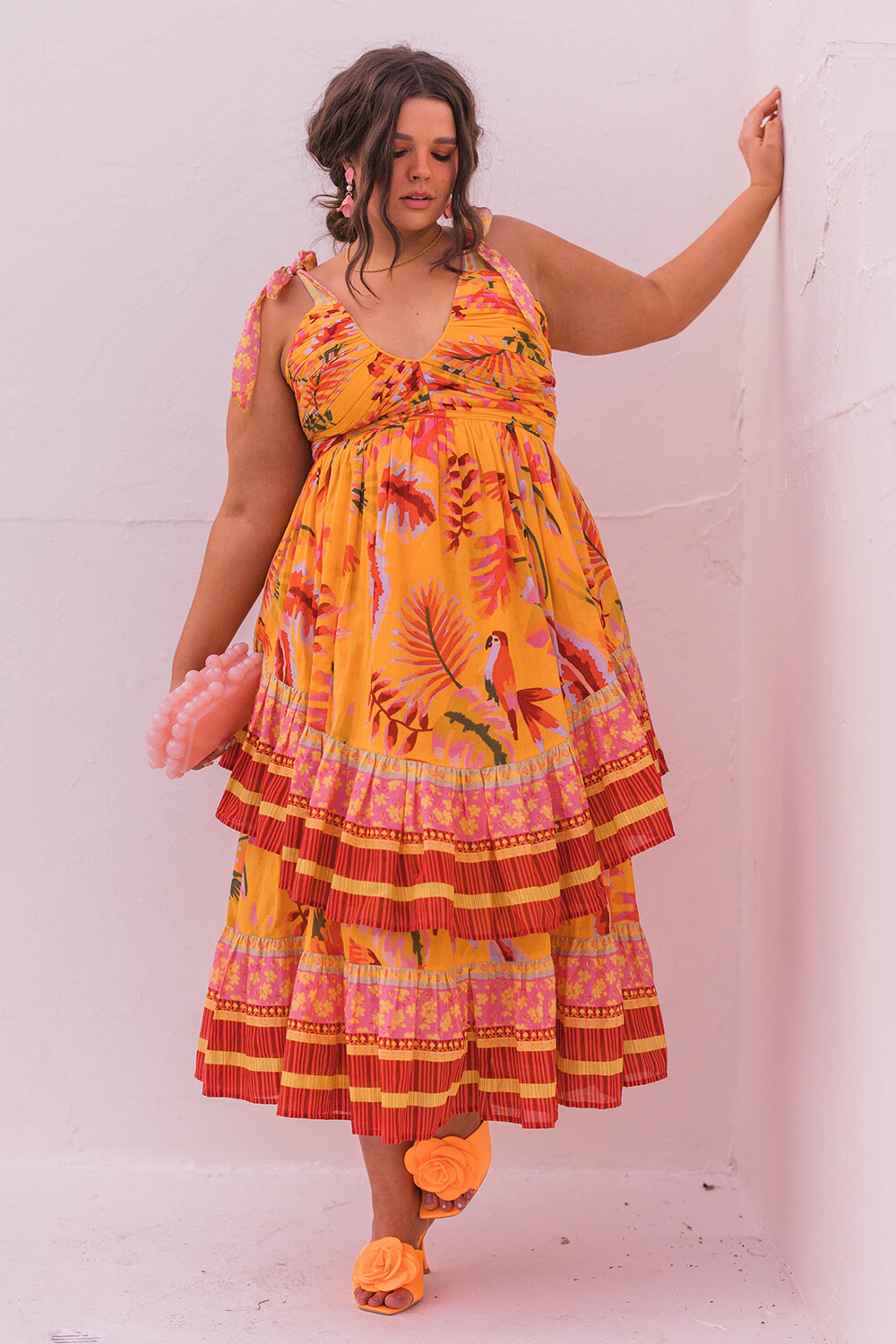 Vacation Mixed Print V Neck Tiered Hem Slip Midi Dresses-Orange [Pre Order]