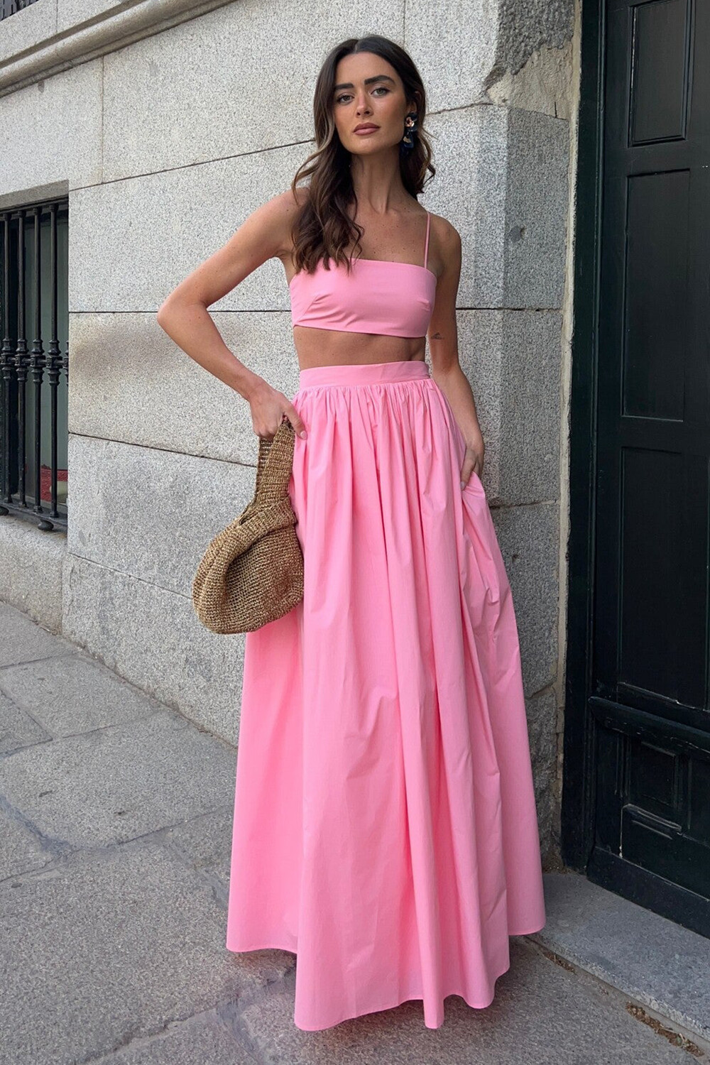 Crop Cami Solid Color High Waist Shirred Maxi Skirt 2pcs Set-Pink [Pre Order]