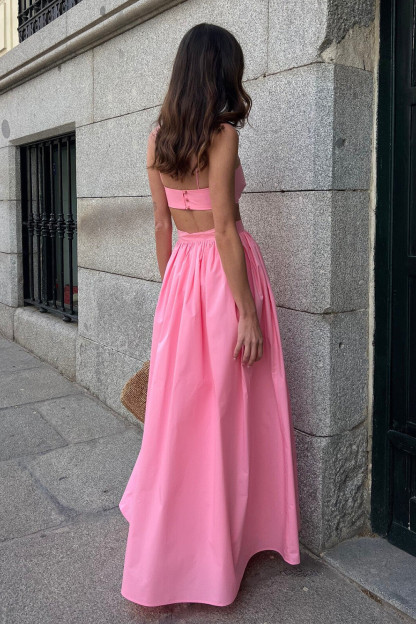 Crop Cami Solid Color High Waist Shirred Maxi Skirt 2pcs Set-Pink [Pre Order]