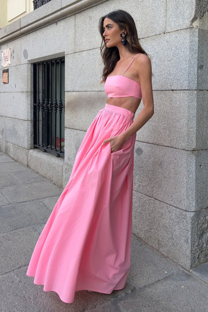 Crop Cami Solid Color High Waist Shirred Maxi Skirt 2pcs Set-Pink [Pre Order]