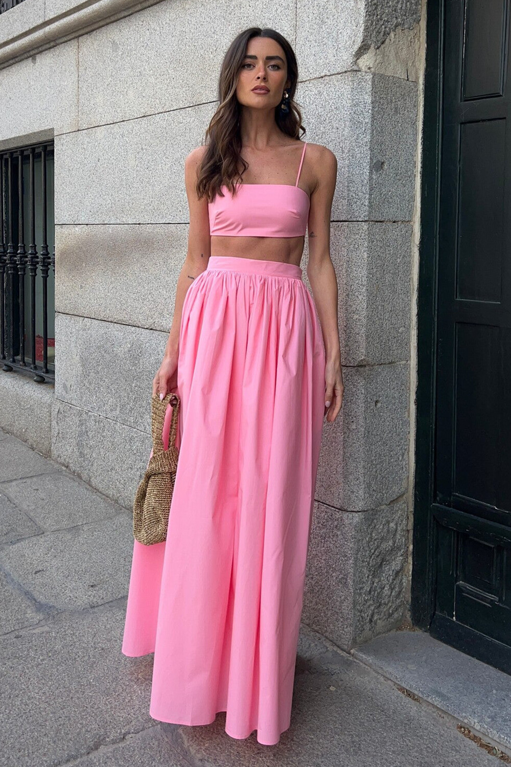 Crop Cami Solid Color High Waist Shirred Maxi Skirt 2pcs Set-Pink [Pre Order]