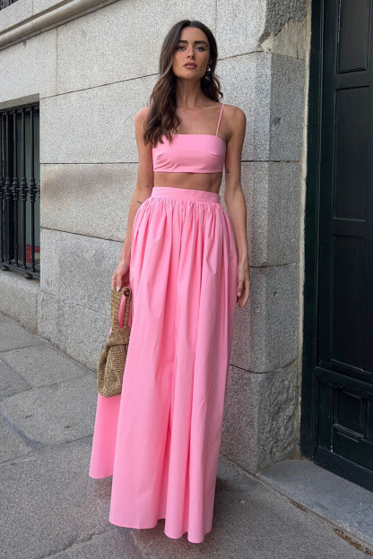 Crop Cami Solid Color High Waist Shirred Maxi Skirt 2pcs Set-Pink [Pre Order]