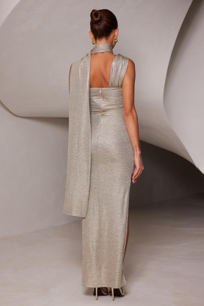 Sleeveless Crossover Design Shimmering Slit Maxi Dresses-Champagne [Pre Order]
