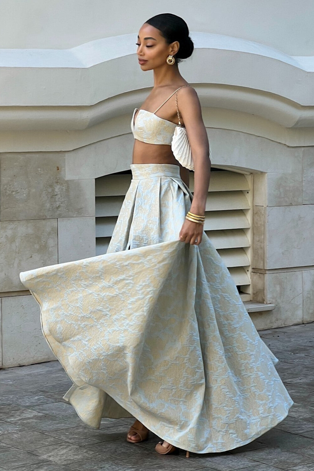 V Neck Crop Cami Floral Jacquard Slit Maxi Skirt 2pcs Set-Beige [Pre Order]