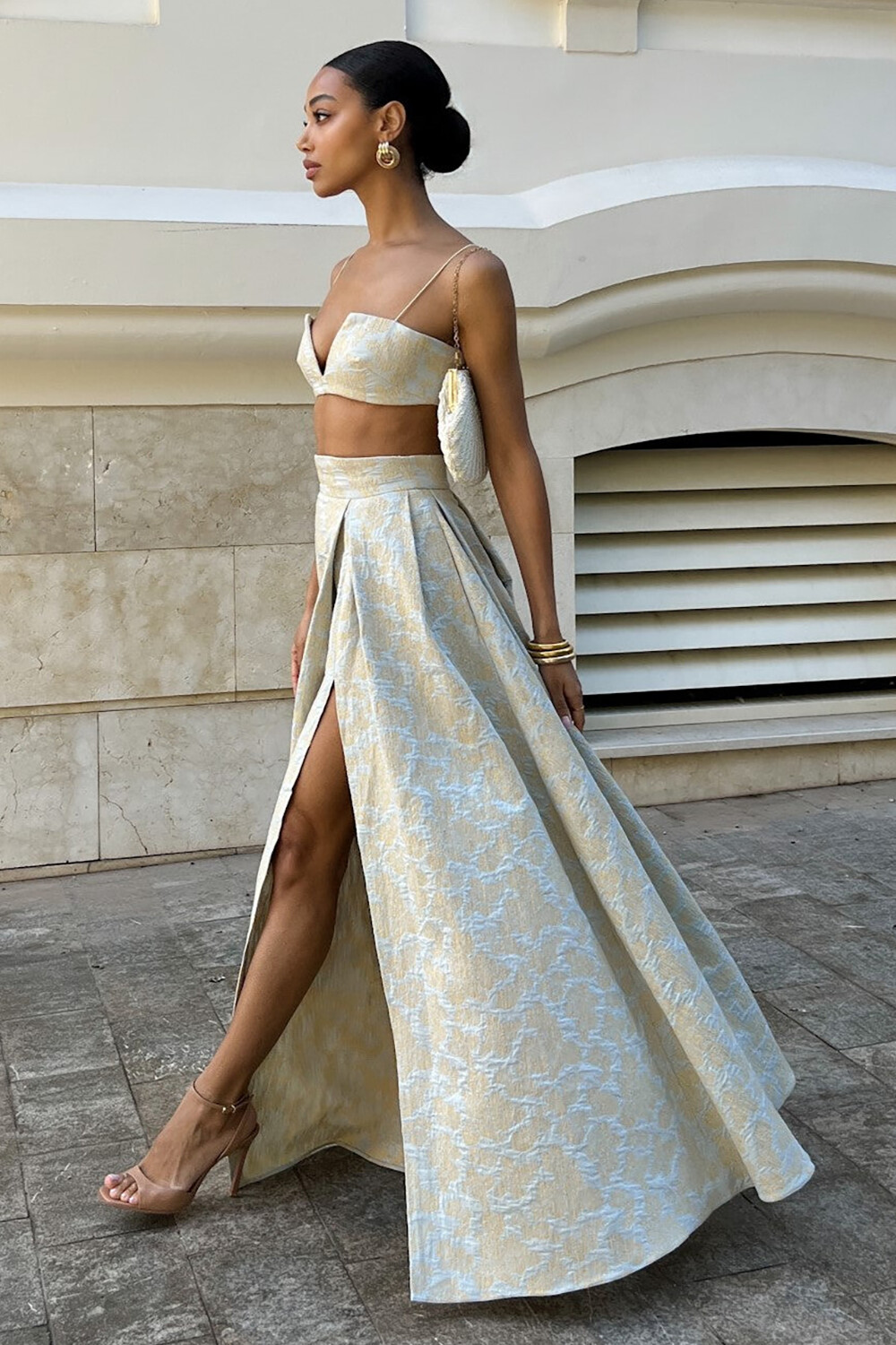 V Neck Crop Cami Floral Jacquard Slit Maxi Skirt 2pcs Set-Beige [Pre Order]