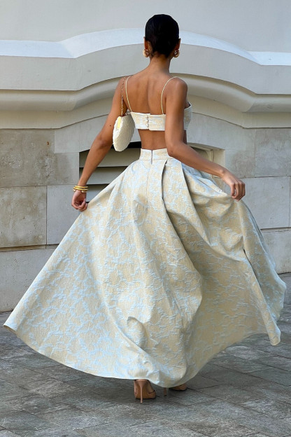 V Neck Crop Cami Floral Jacquard Slit Maxi Skirt 2pcs Set-Beige [Pre Order]