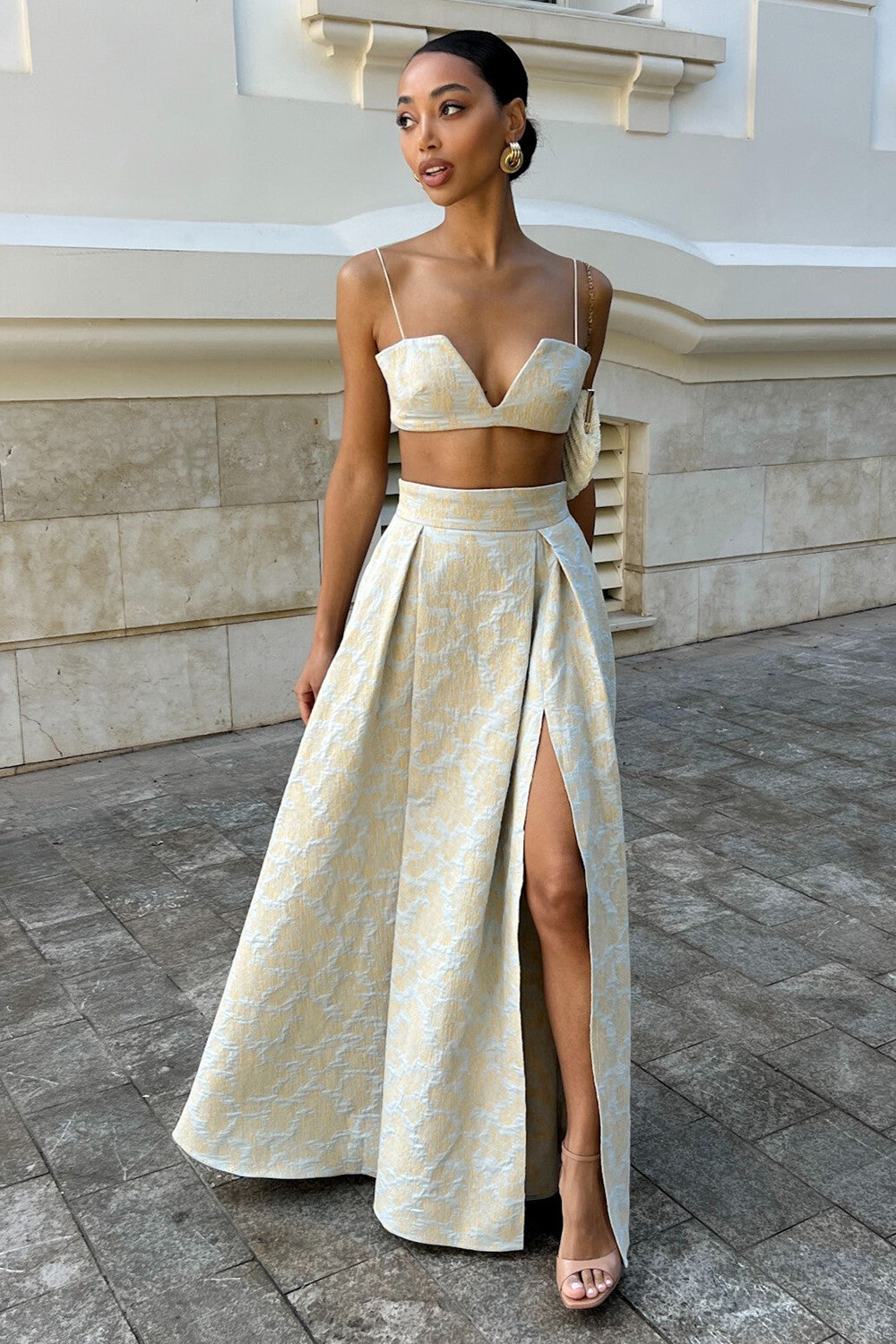V Neck Crop Cami Floral Jacquard Slit Maxi Skirt 2pcs Set-Beige [Pre Order]