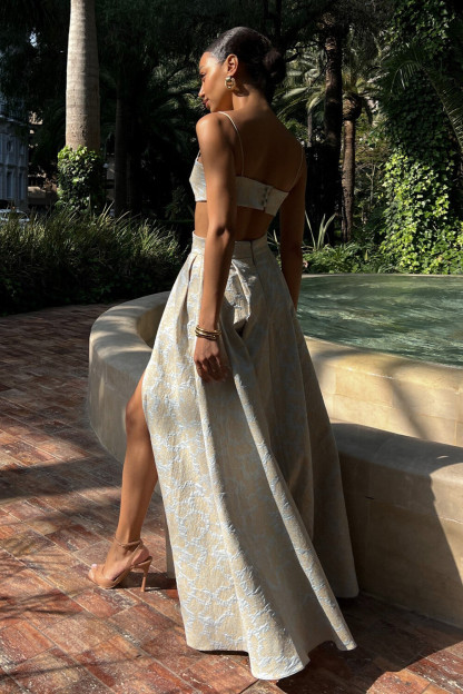 V Neck Crop Cami Floral Jacquard Slit Maxi Skirt 2pcs Set-Beige [Pre Order]