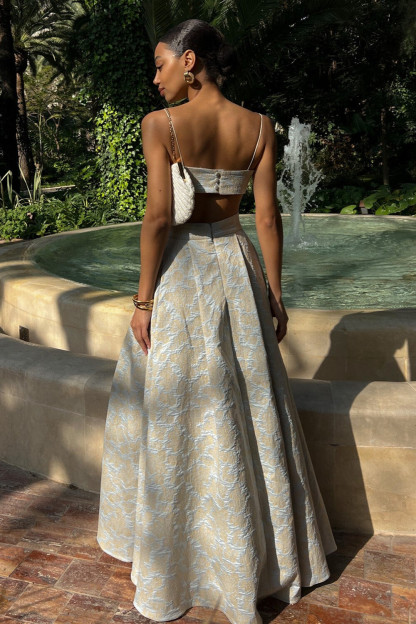 V Neck Crop Cami Floral Jacquard Slit Maxi Skirt 2pcs Set-Beige [Pre Order]