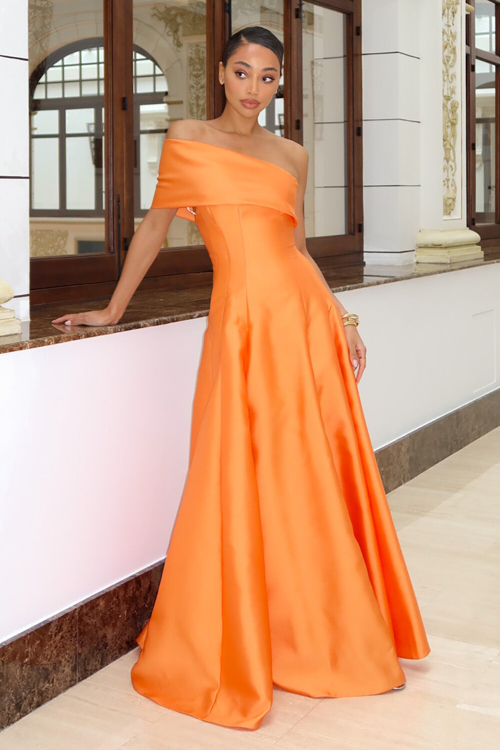 Overlay Design Cinch Waist Solid Color Gowns Maxi Dresses-Orange [Pre 