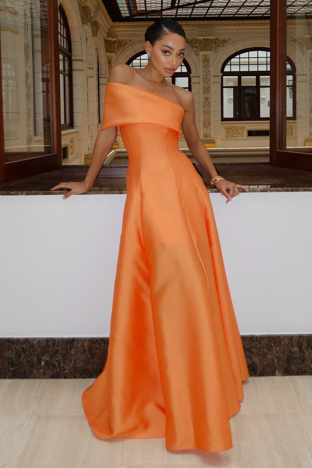 Overlay Design Cinch Waist Solid Color Gowns Maxi Dresses-Orange [Pre Order]