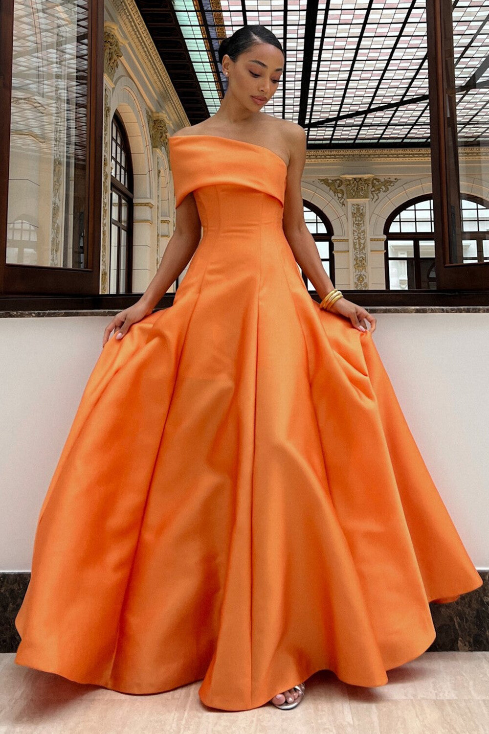 Overlay Design Cinch Waist Solid Color Gowns Maxi Dresses-Orange [Pre Order]