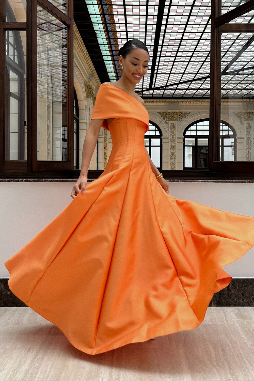 Overlay Design Cinch Waist Solid Color Gowns Maxi Dresses-Orange [Pre Order]