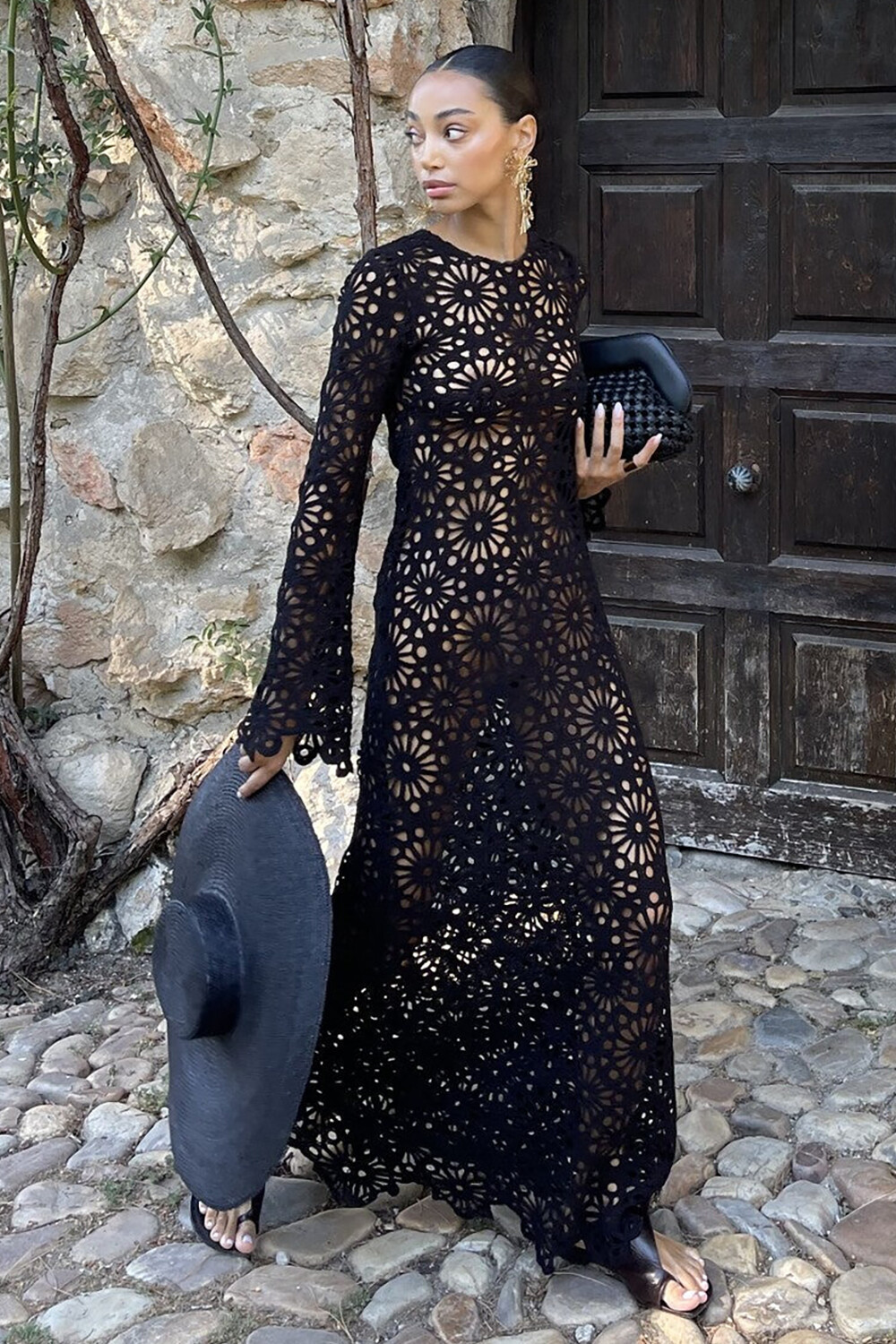Hollow Out Floral Crochet Long Sleeve Maxi Dresses-Black [Pre Order]